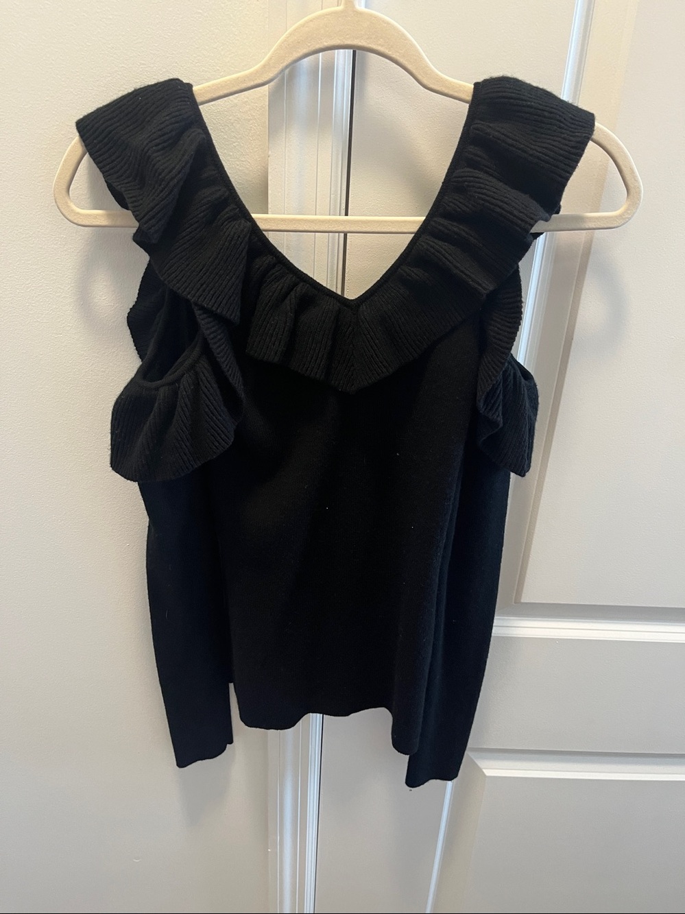 INTERMIX Black Ruffle-Trim Cold Shoulder knit Top - Picture 3 of 4